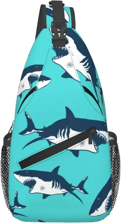 Mochila de hombro con diseño de tiburón azul, morral cruzado en el pecho para viajar, deportes, correr - 1