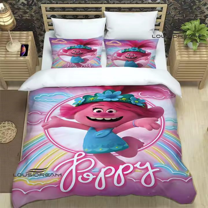 Exquisito Conjunto de Ropa de Cama de Trols de Dibujos Animados Cubierta de Edredón, Cojín, Sábanas - 1