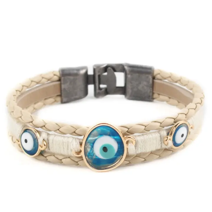 Pulsera de cuentas tejida multicapa de cuero de aleación de ojo azul de estilo turco original - 1