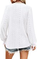Camiseta con cuello en V para mujer, camisa de manga plisada informal hueca, top de otoño - details 2