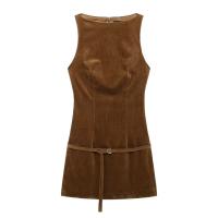 Mujer color sólido versátil con cinturón color sólido vestido de pana cordura - details 3
