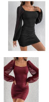 Vestido ajustado elegante y sexy con cuello cuadrado, mangas largas abullonadas de retazos de malla y corte ajustado fruncido para mujer - details 7