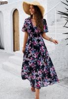 Ropa de mujer 2025 Primavera/novedad de verano estilo temperamento estampado cintura ceñida vestido de gasa de manga corta - details 2