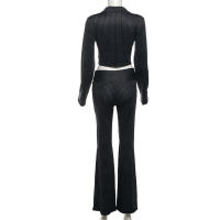 BUNO-Conjunto de 2 piezas de retazos a rayas para mujer, Tops de manga larga con escote y cuello bajo + Pantalón recto con cintura elástica, traje de tendencia urbana - details 9