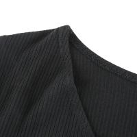 Vestidos ajustados de punto acanalados negros para mujer, ropa coreana elegante con cuello en V, vestidos ceñidos con volantes de manga larga para otoño - details 5