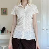 2025 Blusa abotonada de estilo francés para mujer, camisa elegante de manga corta a rayas, camisetas Fairycore de verano, ropa de calle para mujer - details 10