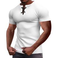 Camiseta de manga corta transpirable, delgada, a la moda, informal, transfronteriza, de verano para hombre, camisa Henley con lazo para hombre y americano. - details 0