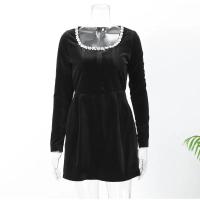 Minivestido negro de terciopelo con decoración de diamantes de imitación para mujer, elegante vestido de fiesta de noche con cuello cuadrado y manga larga y cintura alta - details 0