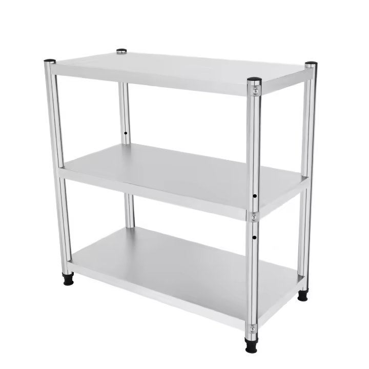 Mesa de trabajo de acero inoxidable, 3 estantes, mesa de trabajo de acero inoxidable, estantería de 30 kg, para descalzas - 1