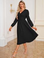 Vestido largo de manga larga con cuello en V para mujer, vestido elegante de corte en A, Color liso Vintage, estético, nuevo en oferta - details 17