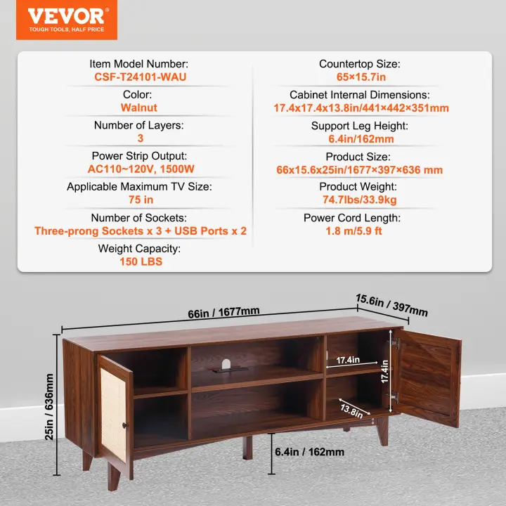 VEVOR-Soporte de TV de ratán de mediados de siglo, soporte de TV moderno con enchufe incorporado, puertos USB, estantes ajustables para sala de estar, sala de medios - 1