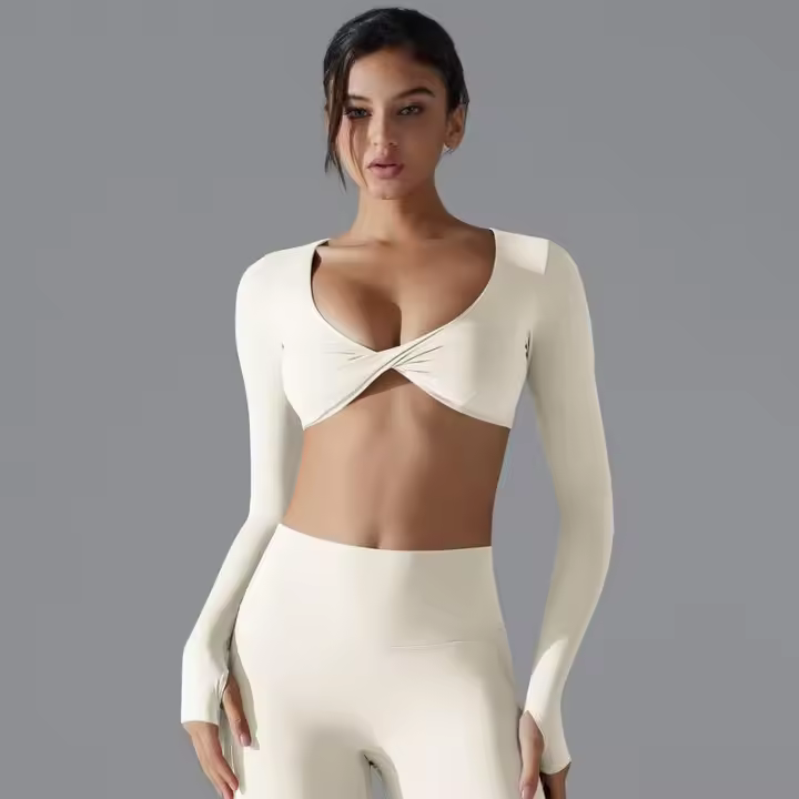Nuevos deportes de manga larga Fiess para mujer, cuello en V profundo, ajustado, transpirable, estilo Ins, ropa de Yoga al aire libre, Tops cortos - 1