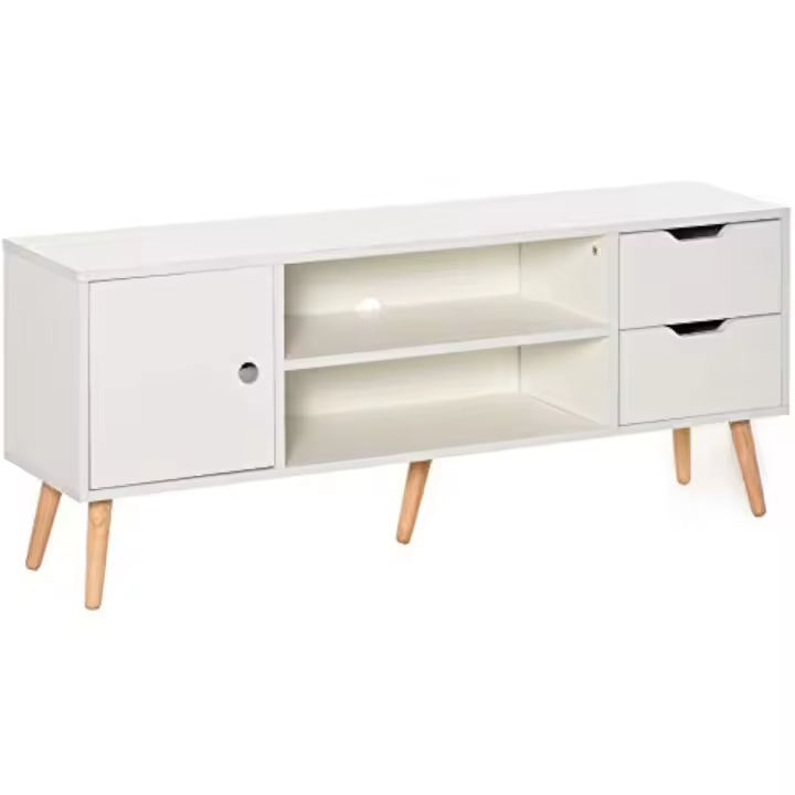 Mueble de TV para Televisores de 50" Mesa de Salón Moderno con Puerta 2 Estantes Abiertos y 2 Cajones Carga 30 kg para Dormitorio Sala 120x28x44 cm Blanco - 1