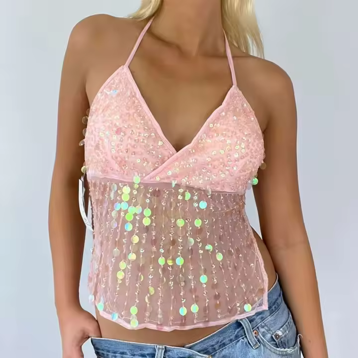 Camisola Brillante Hirigin Cuello en V Profundo para Mujer, Camiseta sin Mangas de Verano Callejero Sexy Morado Rojo - 1