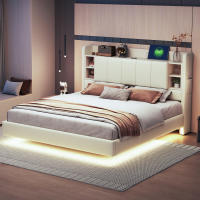 Marca de Cama Almohada 160 x 200 cm con Enchufe USB y Barra de Luz Cabeza Giratoria con Compartimentos de Almacenamiento Marco de Metal Estable Lino Doble Cama en Marrón - details 4