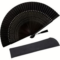 1 abanico de mano plegable de bambú retro negro elegante: diseño intrincado de puntos blancos, liviano y portátil para danza, actuación, decoración de bodas, accesorios de fiesta o regalo - details 0