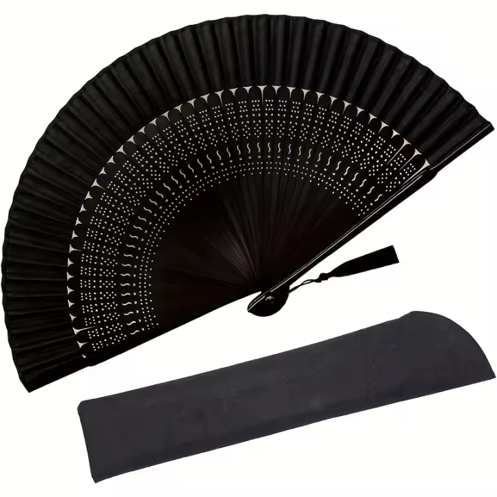 1 abanico de mano plegable de bambú retro negro elegante: diseño intrincado de puntos blancos, liviano y portátil para danza, actuación, decoración de bodas, accesorios de fiesta o regalo - 1
