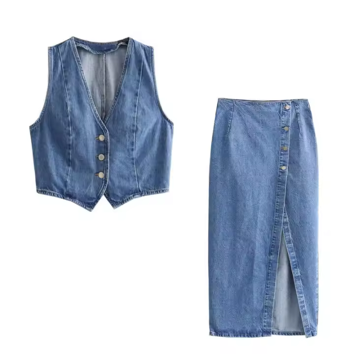 BUNO-Conjunto de 2 piezas para mujer, chaleco vaquero azul y falda Midi, elegante, informal, coordenadas, falda Midi dividida de vaquero con doble botonadura adelgazante de cintura alta para mujer - 1