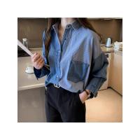 Camisa De Larga Manga Para Mujer En Vaquera Suelta Con Cuello En V Azul Oscuro Estilo Coreano Para Otoño Blusa De Algodón - details 1