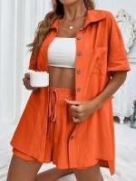 Conjunto de camisa de dos piezas de color sólido con pantalones cortos de moda para mujer, informal, suelto, manga corta, una sola fila - details 8