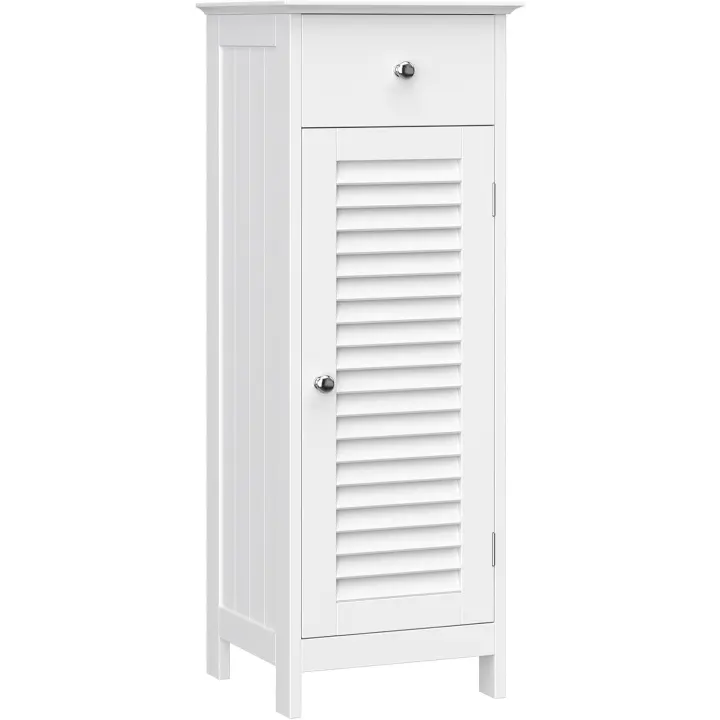 Armario de Baño, Armario de Baño Estrecho, Armario de Almacenaje, Armario Pequeño, con Cajón, Puerta de Persiana, para Baño, Salón, Dormitorio, 30 x 32 x 87 cm, Blanco BBC43WT - 1