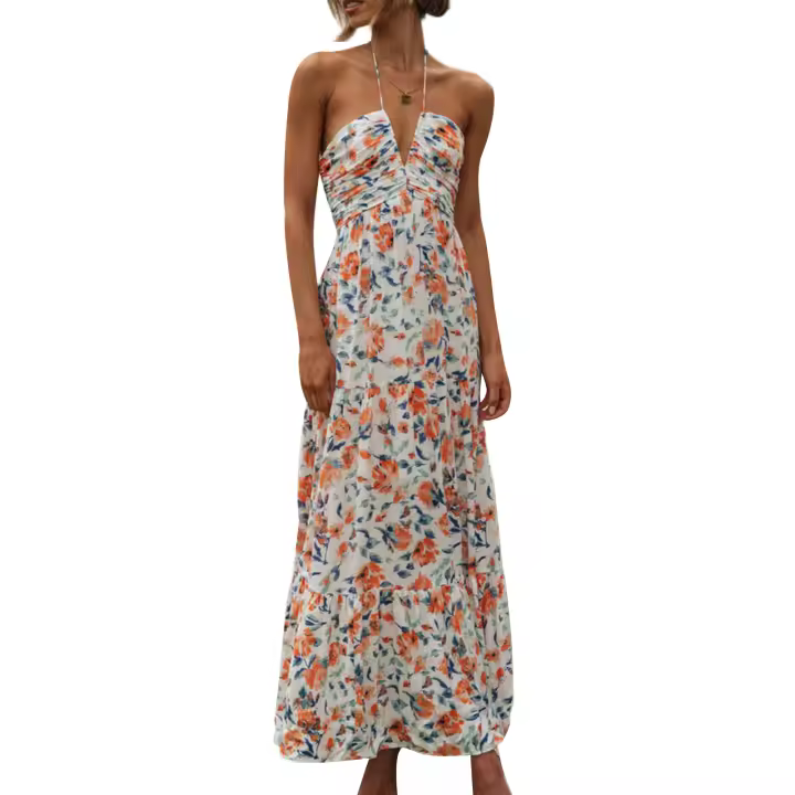 Nueva moda mujer vestido largo elegante sin mangas con cuello Halter vestido Floral vestido de verano gran oferta S-XL - 1