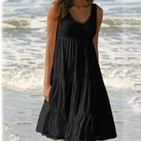 Vestido Mini Informal sin Mangas con Cuello Redondo para Mujer Vestido Bohemio Liso para Playa - details 2