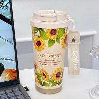 Termo portátil de acero inoxidable con diseño de flores, a prueba de fugas, capacidad de 500 ml, con pajita, doble pared, para viaje y uso en el coche. - details 11