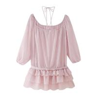 Minivestido de mujer, cuello en U, tirantes finos, estampado de flores en 3D, manga larga, cintura media, color sólido, plisado, con volantes, - details 2