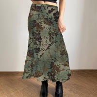 BUNO Estampado de trompeta verde vintage hasta la rodilla, faldas largas estéticas elegantes Y2K con cinturilla, vacaciones Grunge Fairycore - details 3