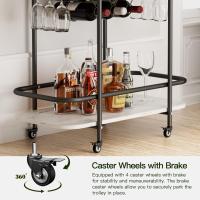 Carrito de servicio de barra de 2 niveles con ruedas, carrito de bebidas móvil con estante para vino y soporte para vidrio, almacenamiento de bebidas rodante con placa de patrón de mármol - details 3