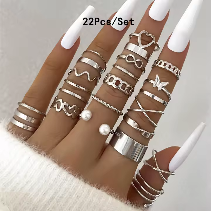Juego de Anillos Geométricos Bohemios 30 Piezas de Oro y Plata para Uñas - 1