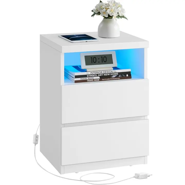Mesita de Noche con Iluminación LED Ajustable, Mesa Auxiliar con Cajones, Cajonera, para Dormitorio, Sala de Estar, Estilo Moderno, Blanco Nube LET634W01 - 1