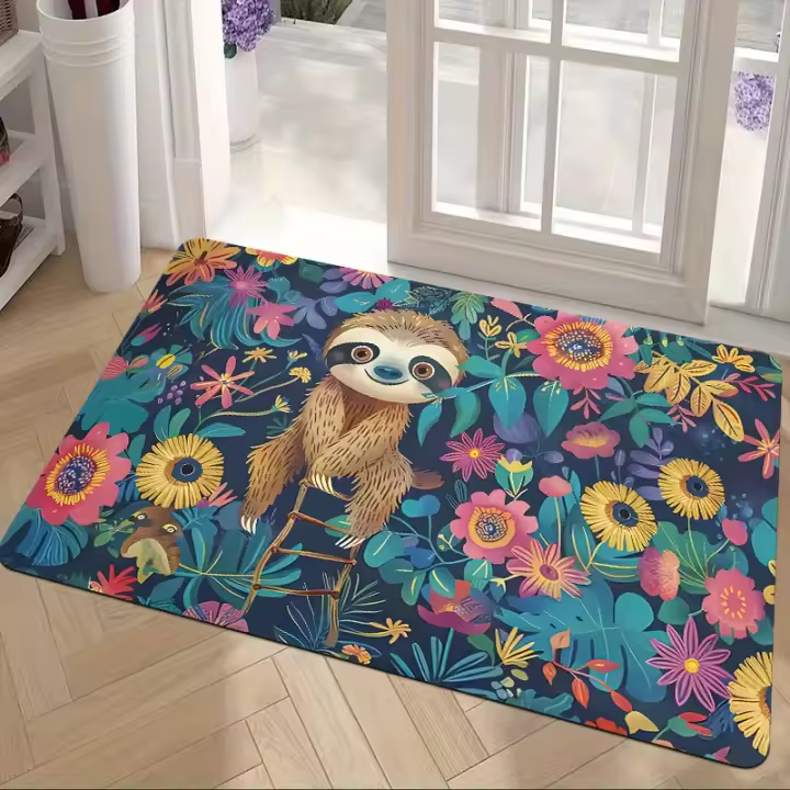 1 Felpudo con estampado floral y perezoso - Alfombrilla antideslizante con base de esponja acolchada - Patrón floral brillante para uso en interiores y exteriores Franela - 1