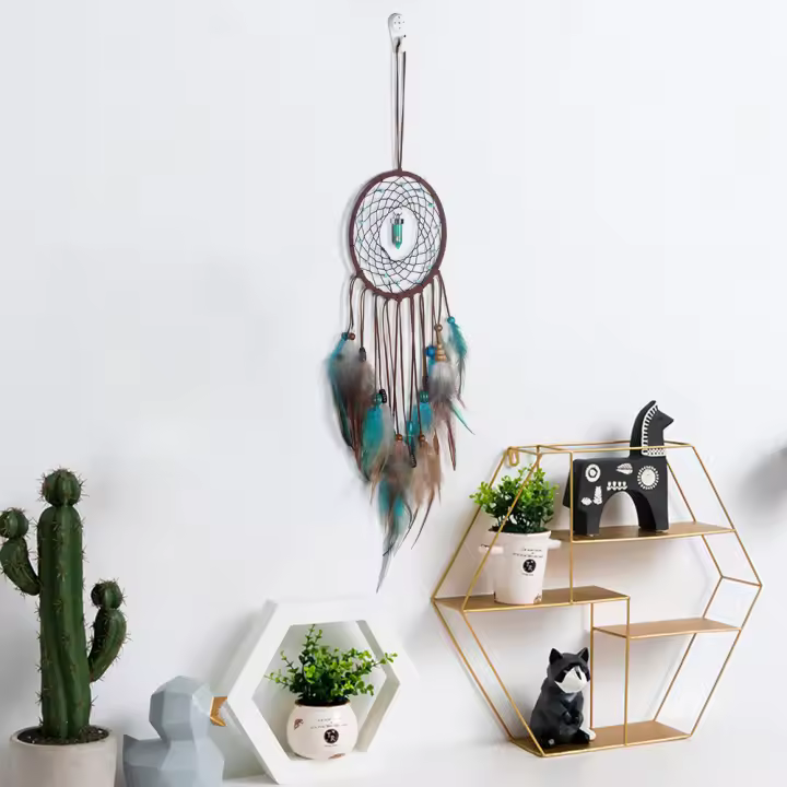 Red de atrapasueños turquesa Simple, colgante de pluma de un solo anillo, colgante creativo para balcón, sala de estar y dormitorio - 1