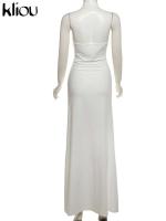 Kliou Halter fruncido mujeres Maxi vestido clásico sólido cuello bajo espalda descubierta elegante Simple bata femenina High Street Vestidos de vacaciones - details 3