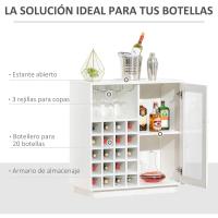 Aparador de Cocina con Botellero para 20 Botellas Armario Auxiliar con 1 Puerta de Cristal Estantes y Soporte de Copas de Vino para Comedor Bar 80x36x85 cm Blanco - details 3