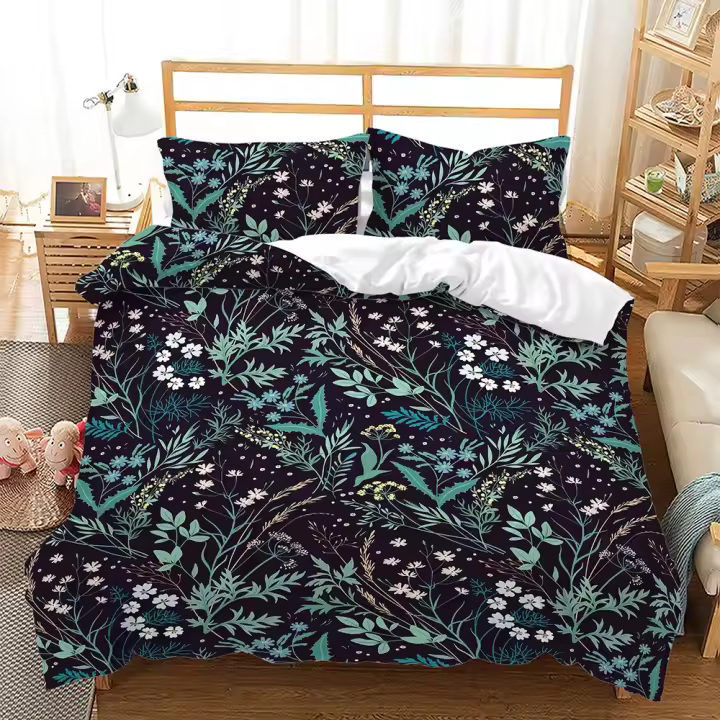 Juego de Ropa de Cama de Hojas Botánicas Patrón Geométrico de Microfibra Suave - 1