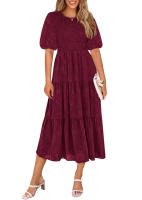 Vestidos de gasa para mujer, vestidos casuales de verano con cintura y tobillo, manga corta, cuello redondo, vestidos largos de una línea - details 3