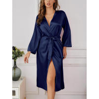 Elegante albornoz de satén para mujer, color sólido, comodidad sedosa con cinturón, ropa de dormir larga hasta la rodilla - details 24