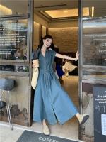 Vestido vaquero Vintage elegante con cuello en V, falda acampanada de longitud media, cintura alta coreana, manga corta, moda de verano para mujer - details 17