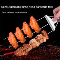 Brochetas para Kabobs, brochetas Kabob de 3 puntas para asar a la parrilla, brocheta de acero inoxidable, con barra de empuje, brocheta de Metal reutilizable, 15 pulgadas - details 1