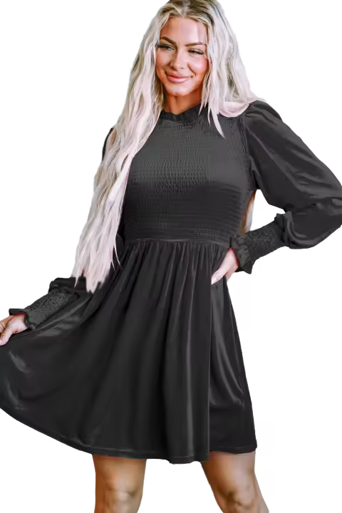 Elrachen Vestido de terciopelo con cuello con volantes y corpiño fruncido para mujer, negro, tallas S-XL - 1