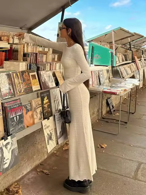 Vestido largo de punto con cuello redondo para mujer, ropa de calle de manga larga, 2024 - 1