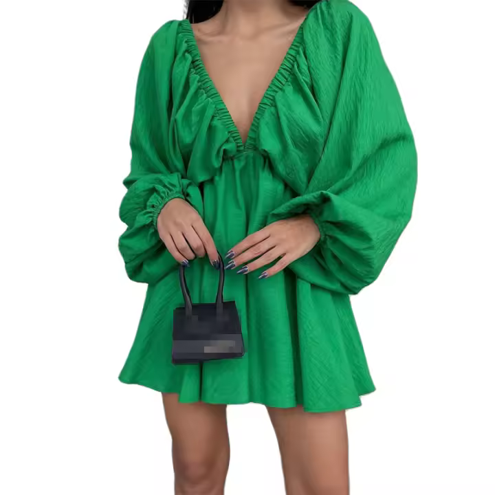 Moda casual para mujer, vestido de manga larga con cuello en V, vestido de mujer a la moda, vestido de manga mullida - 1