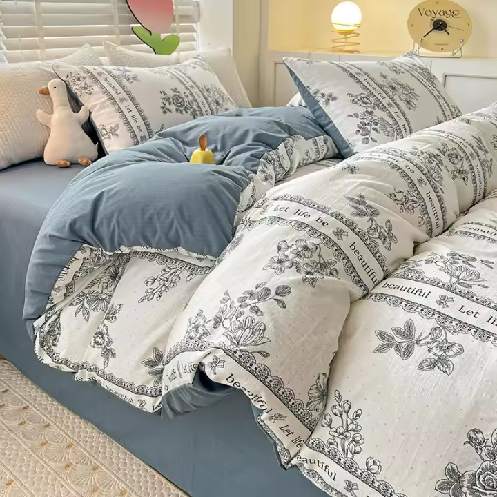 Juego de cama: Sábana ajustable de algodón lavado puro de cuatro piezas, funda de edredón, juego de tres piezas de cama individual para dormitorio de estudiantes: Sábana, funda - 1