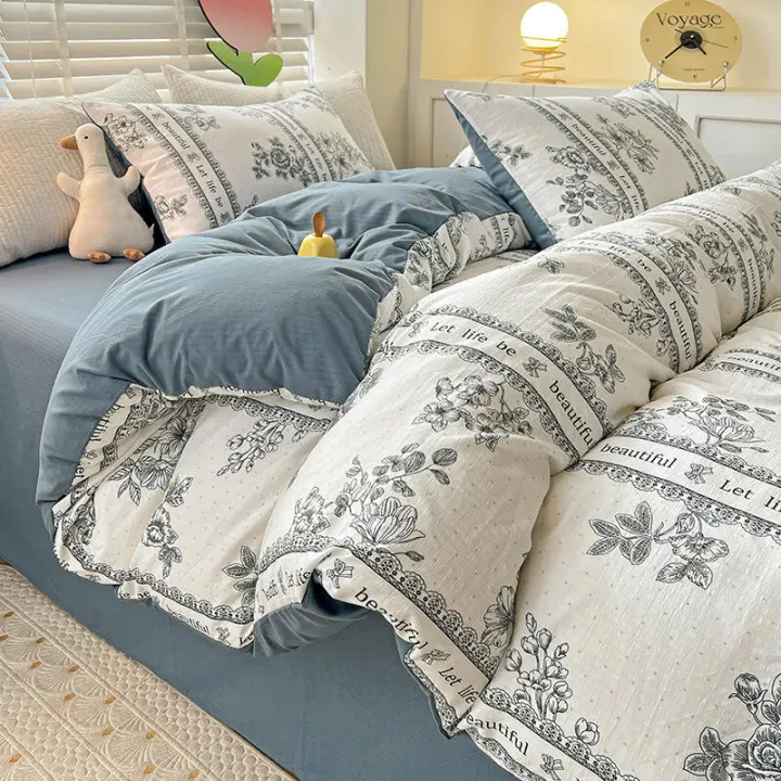 Juego de cama: Sábana ajustable de algodón lavado puro de cuatro piezas, funda de edredón, juego de tres piezas de cama individual para dormitorio de estudiantes: Sábana, funda - 1