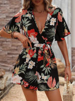 Estampado de mujer V Mono de manga corta y pantalones cortos ，Cinturón con cuello cruzado manga volantes estilo vacaciones playa - details 1