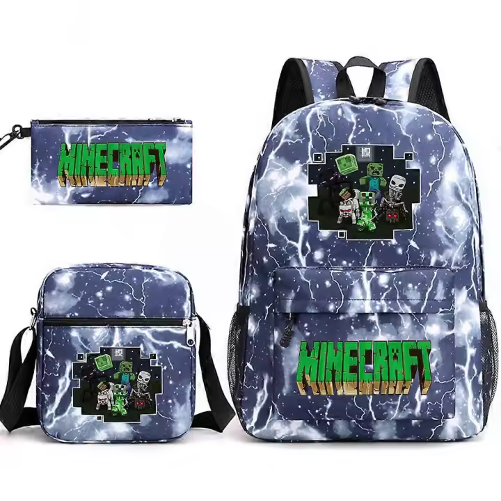 Minecraft My World Schoolbag Juego Periférico Estudiante Gran Capacidad Impreso Mochila Escolar De Tres Piezas Para Hombres Y Mujeres Lightning Blue ~ 2 - 1