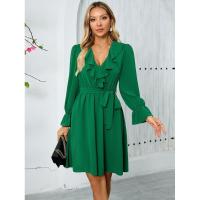 Vestido elegante y bonito con cuello en V para mujer, vestidos informales de manga larga de Color sólido, liquidación - details 3